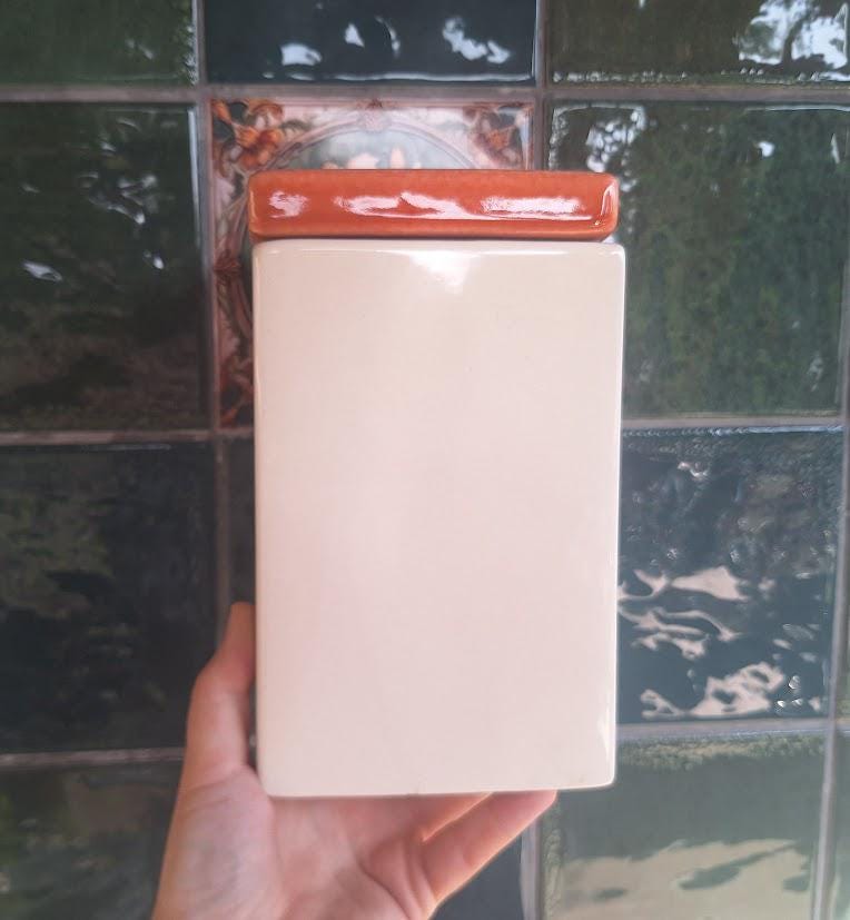 Pair of Cream Ceramic Kitchen Canisters with Terracotta Brown Lids, Square Storage Jars, Minimalist Retro Pantry Decor