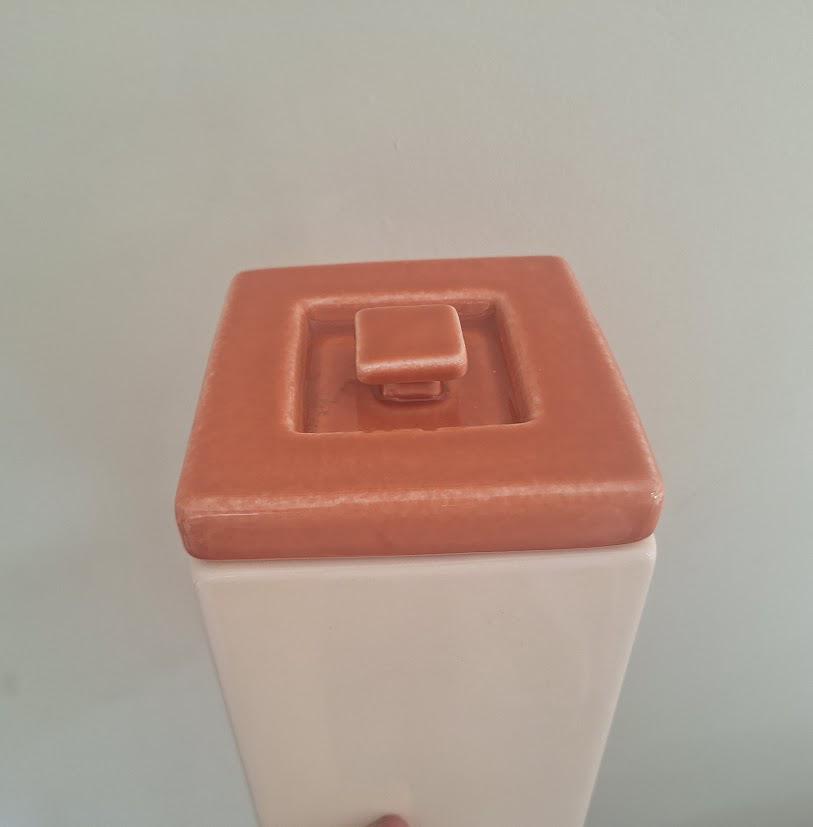 Pair of Cream Ceramic Kitchen Canisters with Terracotta Brown Lids, Square Storage Jars, Minimalist Retro Pantry Decor