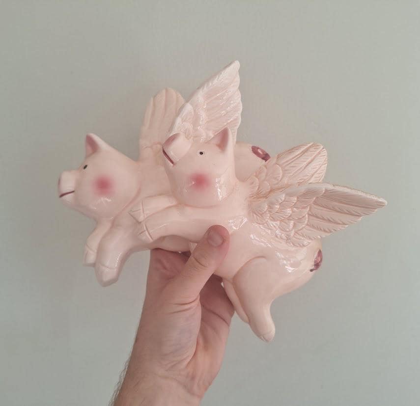 Vintage Pair Pink Ceramic Flying Pig Wall Plaques, Kitsch When Pigs Fly Decor, Winged Pig Retro Wall Art, Pig Lover Gift