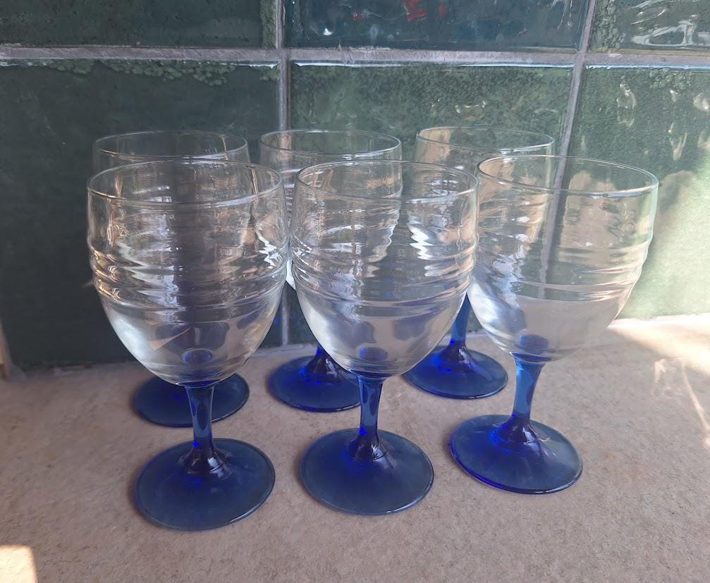 Set of 6 Vintage Cobalt Blue Stem Wine Glasses, Clear Ribbed Bowls, Small Retro Goblets, 1980s French Style Barware