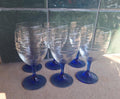 Set of 6 Vintage Cobalt Blue Stem Wine Glasses, Clear Ribbed Bowls, Small Retro Goblets, 1980s French Style Barware