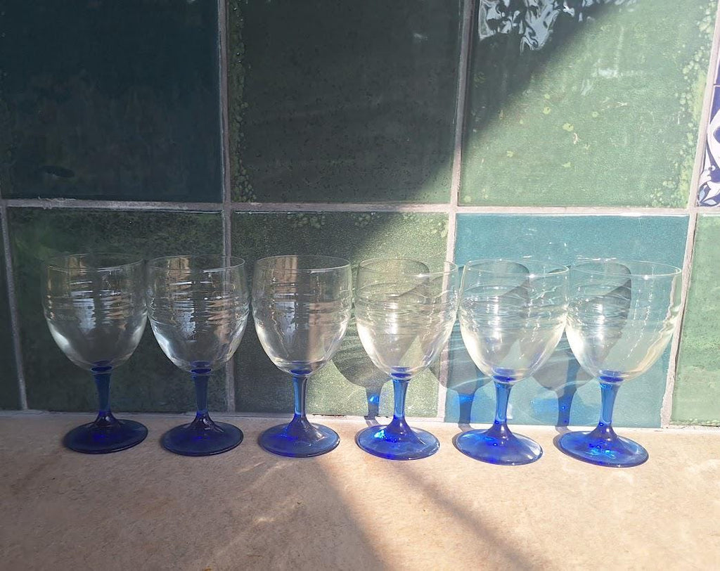 Set of 6 Vintage Cobalt Blue Stem Wine Glasses, Clear Ribbed Bowls, Small Retro Goblets, 1980s French Style Barware