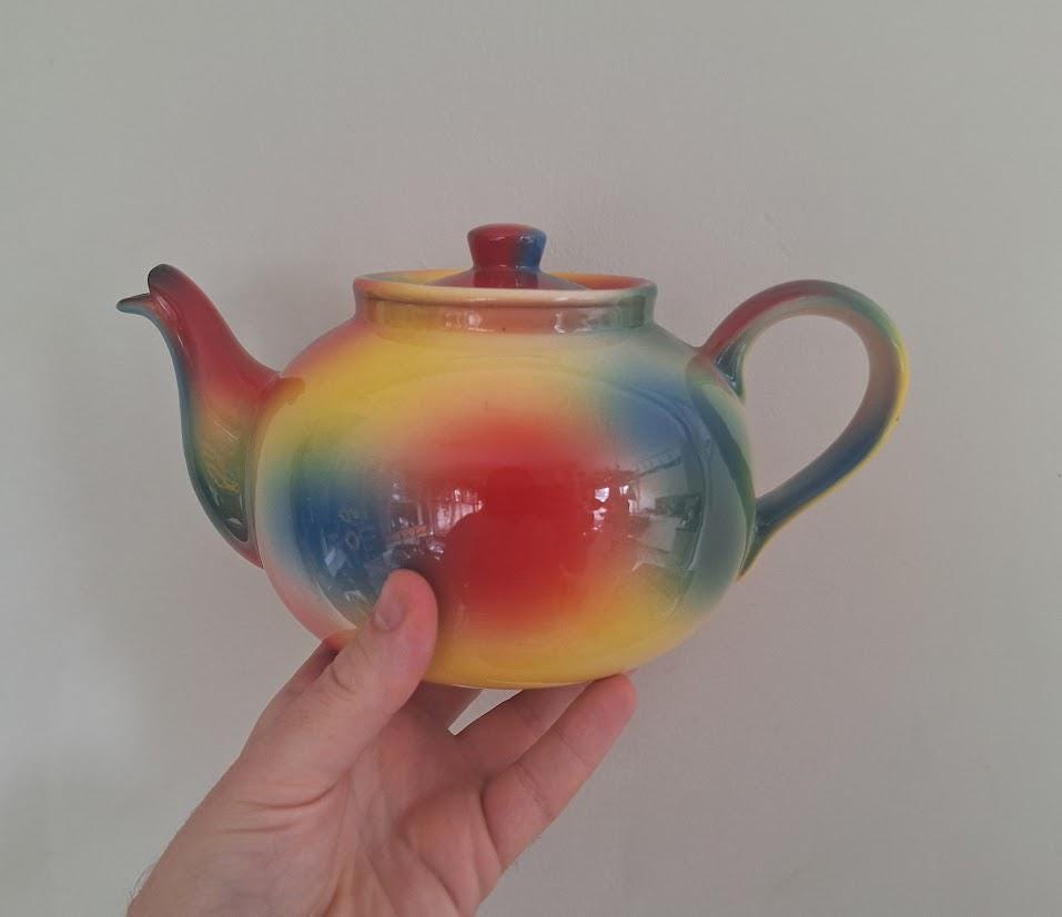 Vintage Rainbow Glaze Ceramic Teapot, Multicolour Red Yellow Blue Green Round Pottery Tea Pot, Retro Colourful Kitchen Display