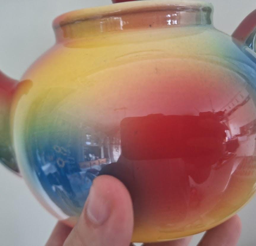 Vintage Rainbow Glaze Ceramic Teapot, Multicolour Red Yellow Blue Green Round Pottery Tea Pot, Retro Colourful Kitchen Display