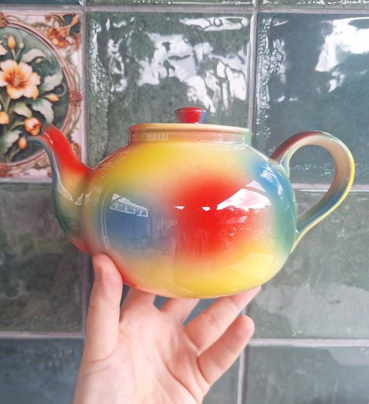 Vintage Rainbow Glaze Ceramic Teapot, Multicolour Red Yellow Blue Green Round Pottery Tea Pot, Retro Colourful Kitchen Display