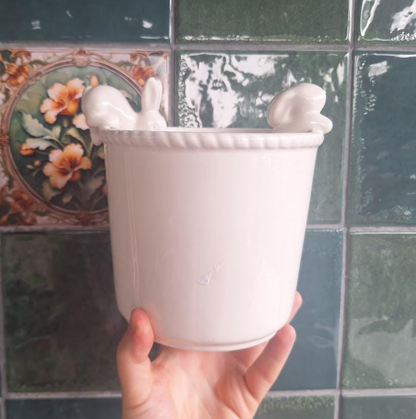White Ceramic Bunny Planter Pot, Rabbit Plant Pot with 3D Rabbits, Easter Planter, Indoor Herb Pot, Cottage Garden Decor