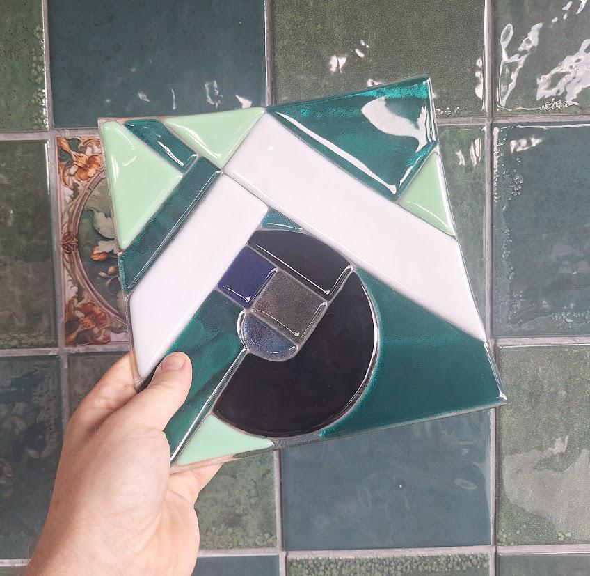Vintage Abstract Fused Glass Dish, Handmade Geometric Glass Platter, Modernist Art Glass Tray, Teal Green Decorative Centrepiece
