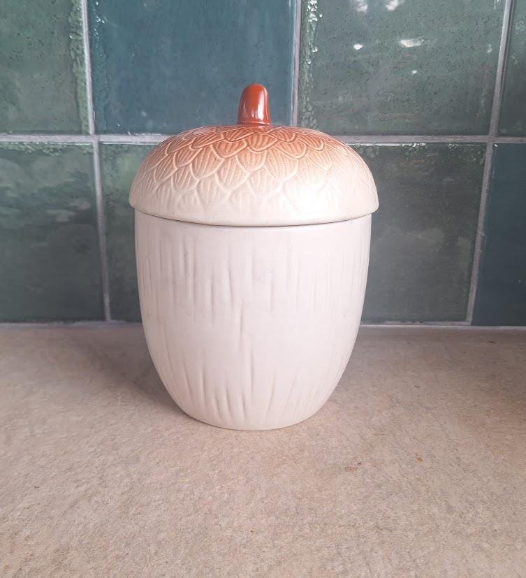 Crofton Acorn Storage Jar with Lid, Ceramic Autumn Kitchen Canister, Woodland Acorn Cookie Jar, Rustic Farmhouse Kitchen Decor