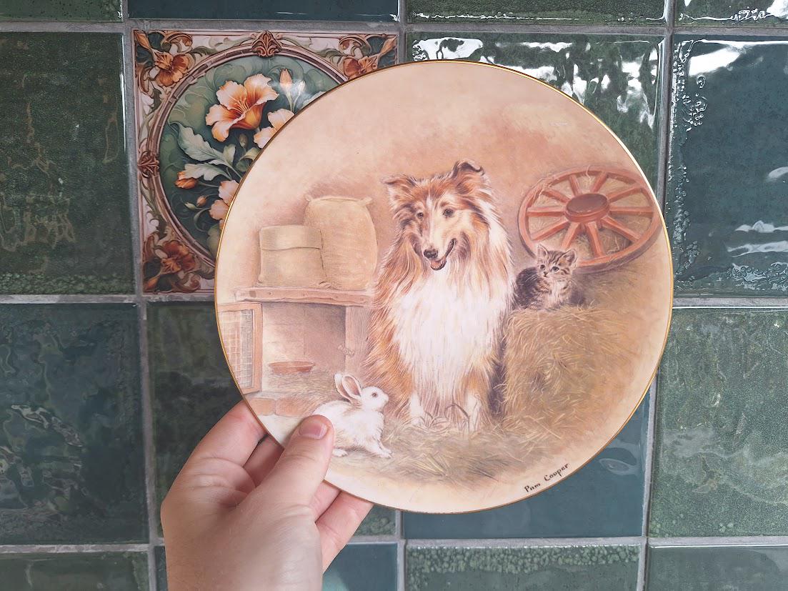 Royal Worcester Threes Company RSPCA Collector Plate 1990, Pam Cooper Collie Dog Kitten Rabbit Fine Bone China Animal Plate