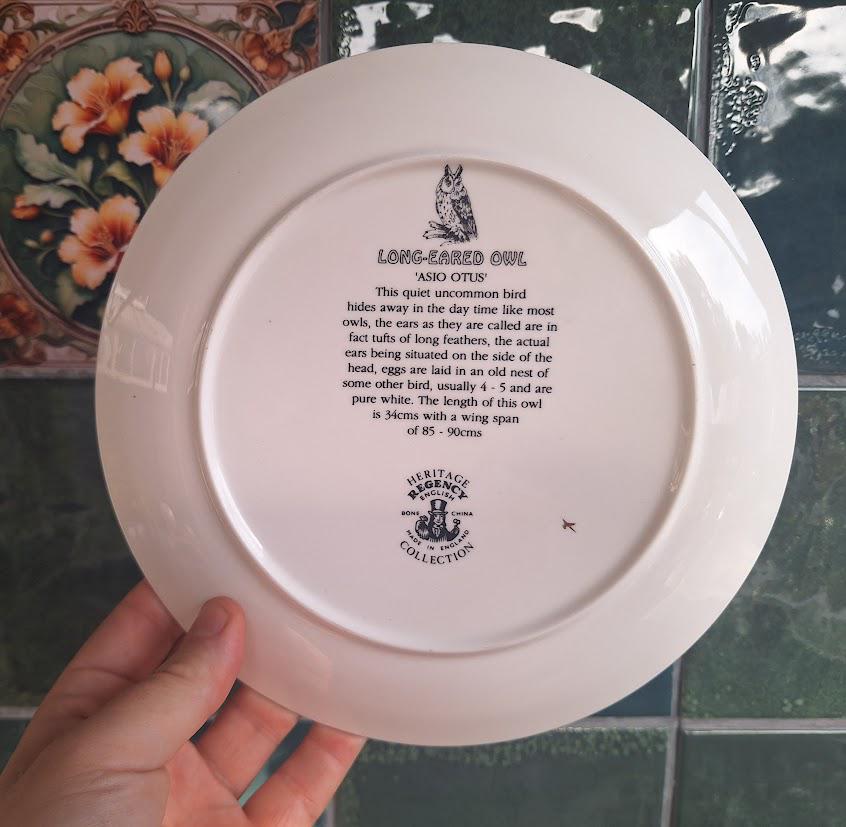 Vintage Heritage Regency Long-Eared Owl Collector Plate, English Bone China Owl and Owlet Wildlife Wall Plate, Gold Rim Bird Decor