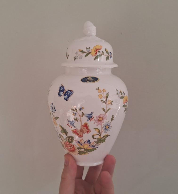 Vintage Aynsley Cottage Garden Ginger Jar Urn with Lid Fine Bone China Made in England Floral Butterflies Decorative Pot