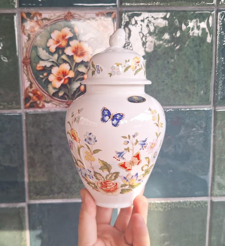 Vintage Aynsley Cottage Garden Ginger Jar Urn with Lid Fine Bone China Made in England Floral Butterflies Decorative Pot