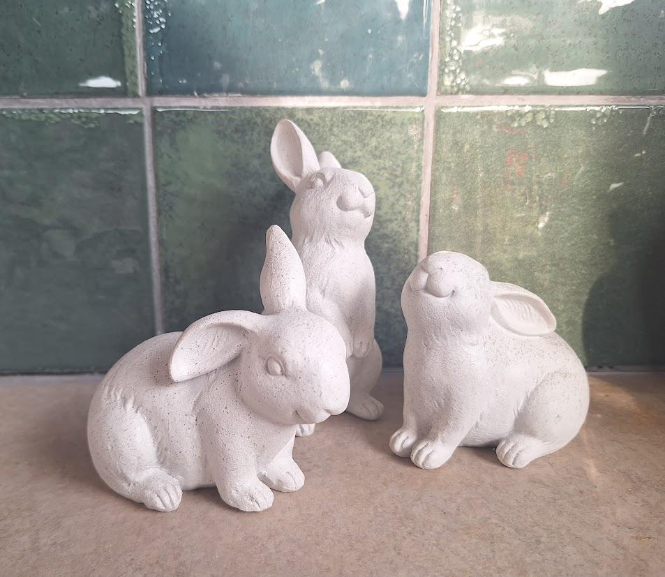 Set of 3 White Rabbit Ornaments Stone Effect Bunny Figurines Rustic Easter Spring Garden Cottage Decor