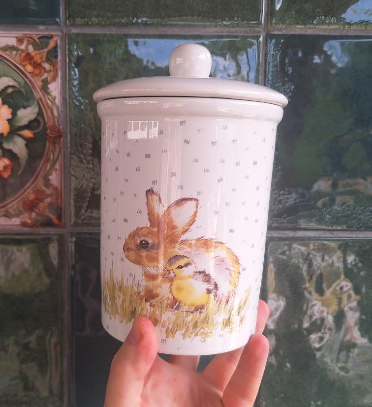 Nutmeg Home Rabbit and Duckling Stoneware Storage Jar with Lid Easter Bunny Kitchen Canister Spring Cottage Decor