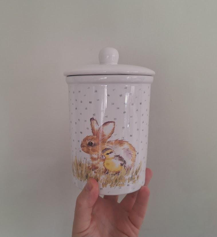Nutmeg Home Rabbit and Duckling Stoneware Storage Jar with Lid Easter Bunny Kitchen Canister Spring Cottage Decor