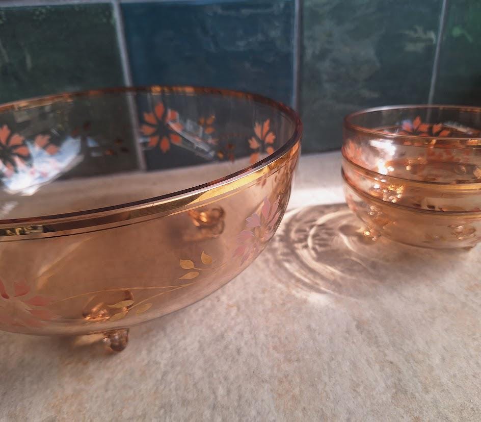Vintage Pink Depression Glass Footed Salad Bowl Set with 6 Matching Dessert Bowls Floral Enamel Gold Gilt 7 Piece Serving Set