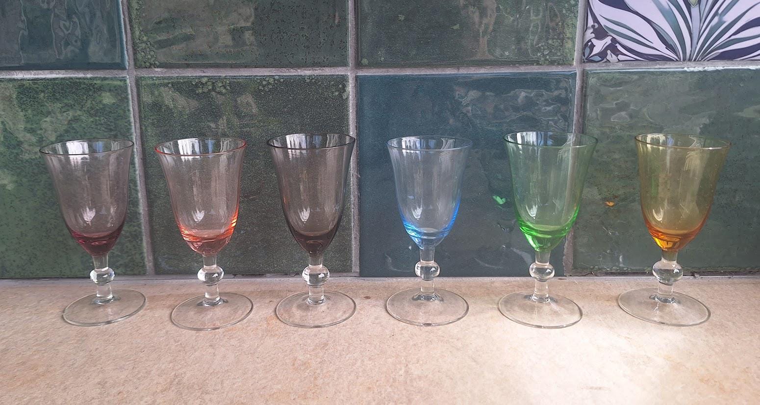 Vintage Harlequin Liqueur Glasses Set of 6 Coloured Stemmed Cordial Shot Glasses Retro 1960s 1970s Barware