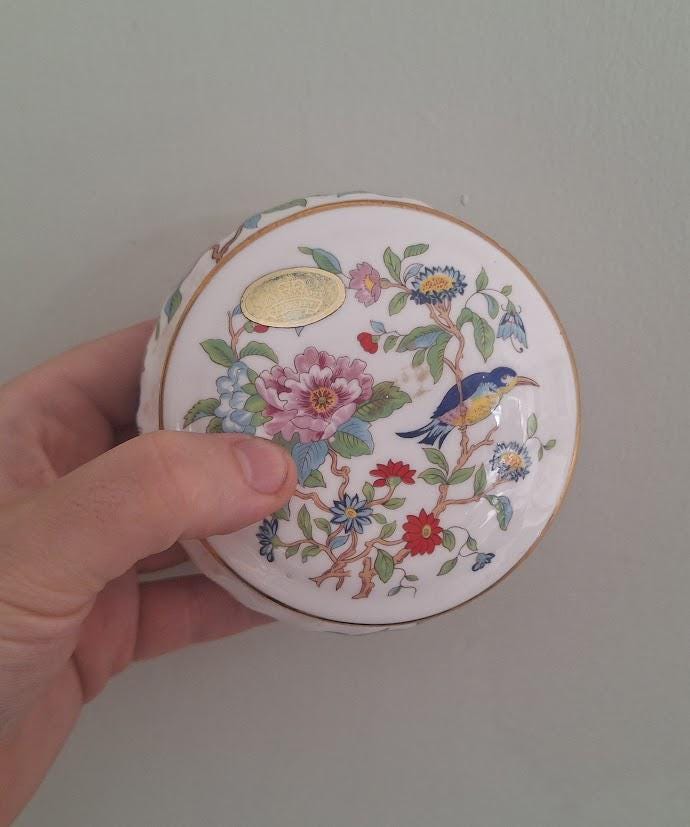 Aynsley Pembroke Trinket Box Fine Bone China Lidded Jewellery Box Bird Floral England Vintage Gift