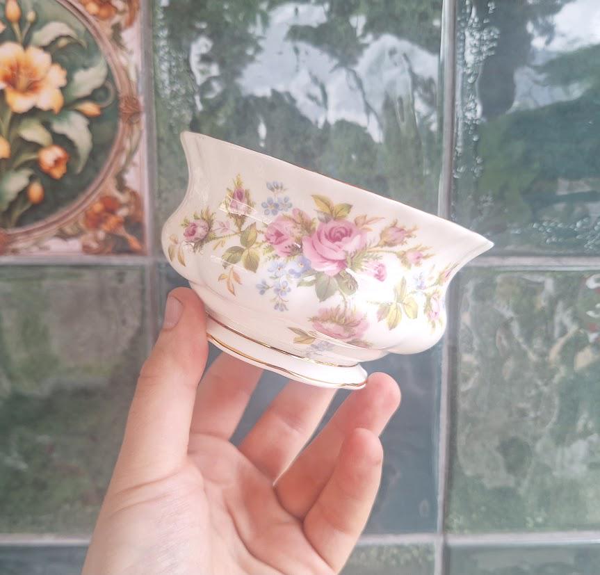 Royal Albert Moss Rose Open Sugar Bowl Bone China England Vintage Pink Roses Floral Gold Trim Cottagecore
