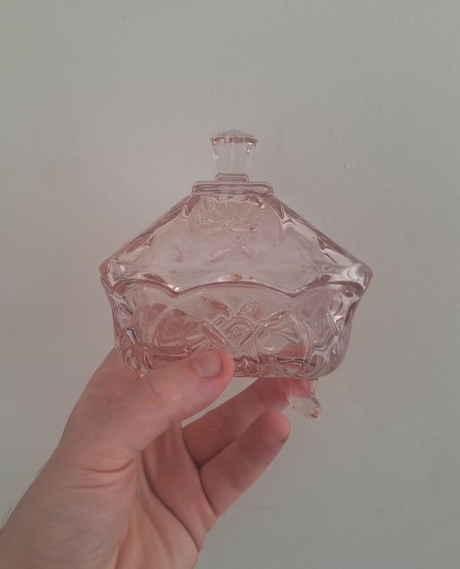 Vintage Pink Depression Glass Trinket Box with Lid Footed Glass Jewellery Box Vanity Dressing Table Decor