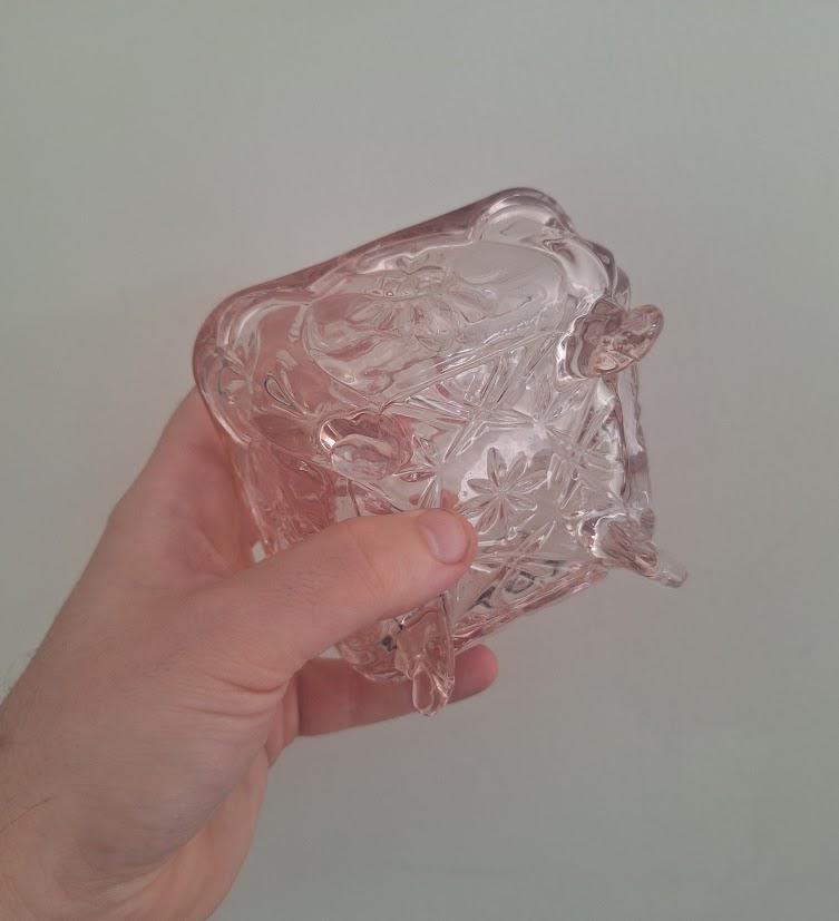 Vintage Pink Depression Glass Trinket Box with Lid Footed Glass Jewellery Box Vanity Dressing Table Decor