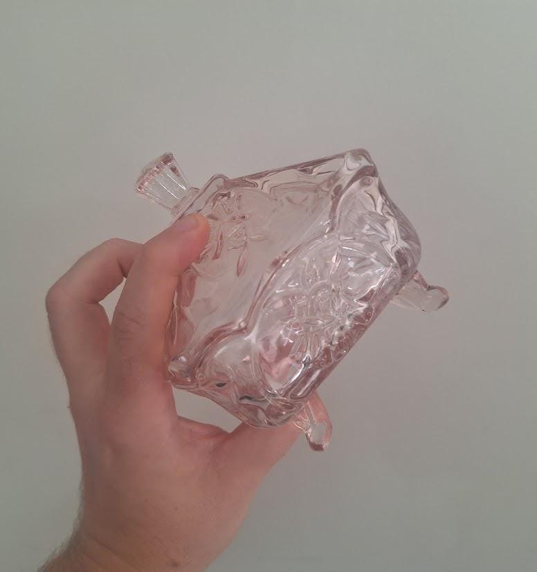 Vintage Pink Depression Glass Trinket Box with Lid Footed Glass Jewellery Box Vanity Dressing Table Decor