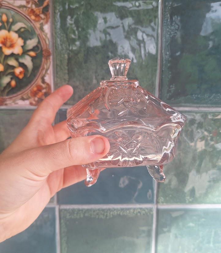 Vintage Pink Depression Glass Trinket Box with Lid Footed Glass Jewellery Box Vanity Dressing Table Decor