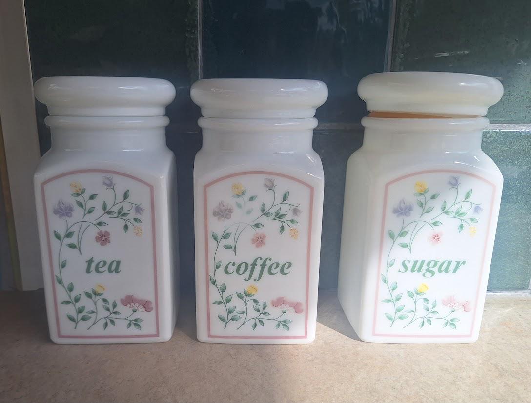 Vintage Milk Glass Tea Coffee Sugar Canister Set | Made in England | Floral Kitchen Storage Jars with Lids | Cottagecore Farmhouse Decor