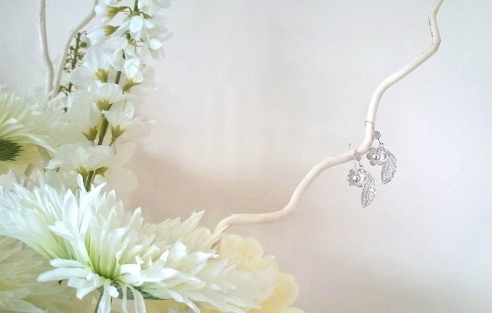 1950s Silver Tone Vintage Earrings, Leaf and Flower Design