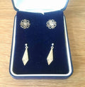 Vintage Sterling Silver Earrings Set, Art Deco Floral & Triangle, Boxed
