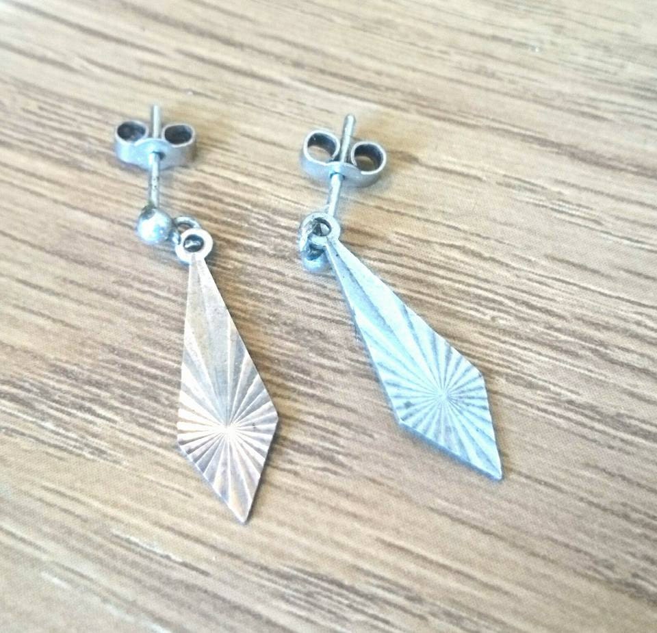 Vintage Sterling Silver Earrings Set, Art Deco Floral & Triangle, Boxed