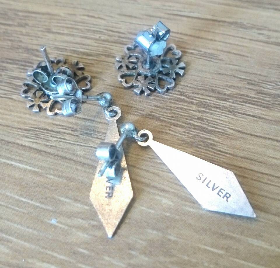 Vintage Sterling Silver Earrings Set, Art Deco Floral & Triangle, Boxed