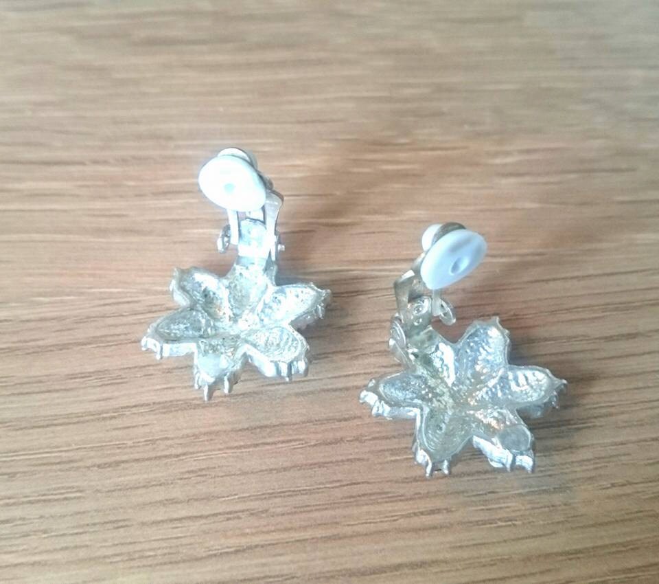Vintage Rhinestone Earrings, Silver Tone Petal Clip Ons
