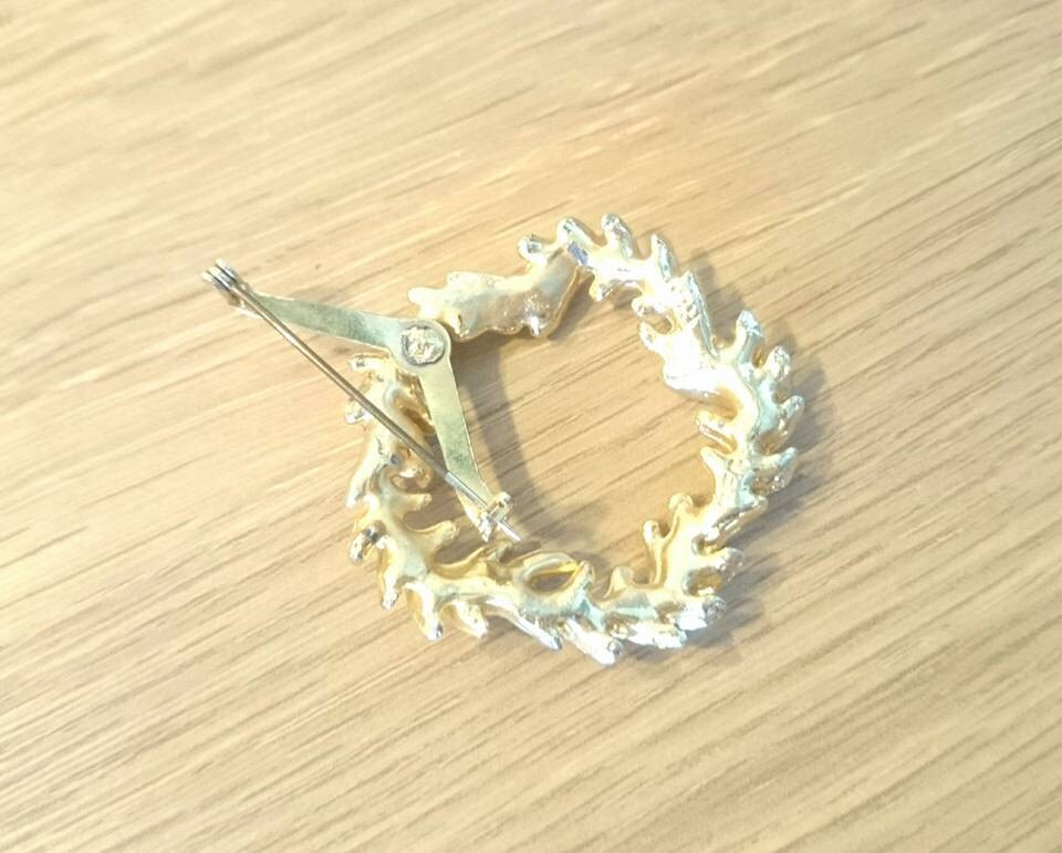 Vintage Gold Tone Scarf Brooch with Orange Rhinestones
